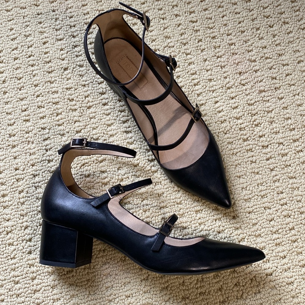 Topshop Women’s black double strap mary jane pointed toe block heels size 8.5